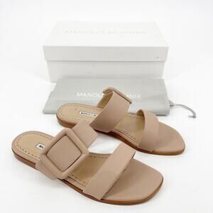 Manolo Blahnik Tituba Nude Tan Leather Buckle Open Toe Flat Sandals IT 39